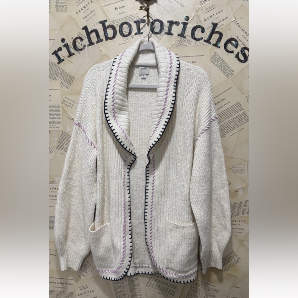 Anthropologie Maeve Collared Whipstitch Open Cardigan Sweater Pockets Ivory - Picture 5 of 6